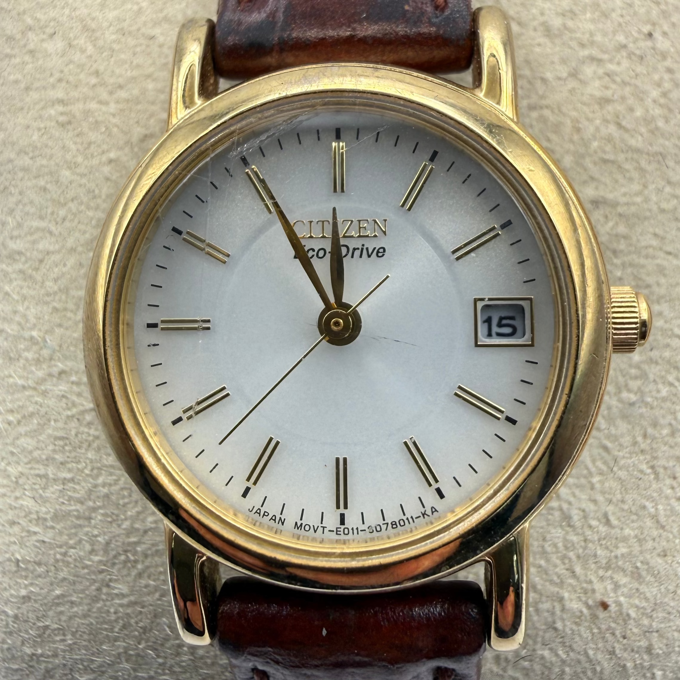 Citizen Eco-Drive Ladies Gold Tone Date Watch White Dial Leather Strap (Fully Tested and Working)- £40.00