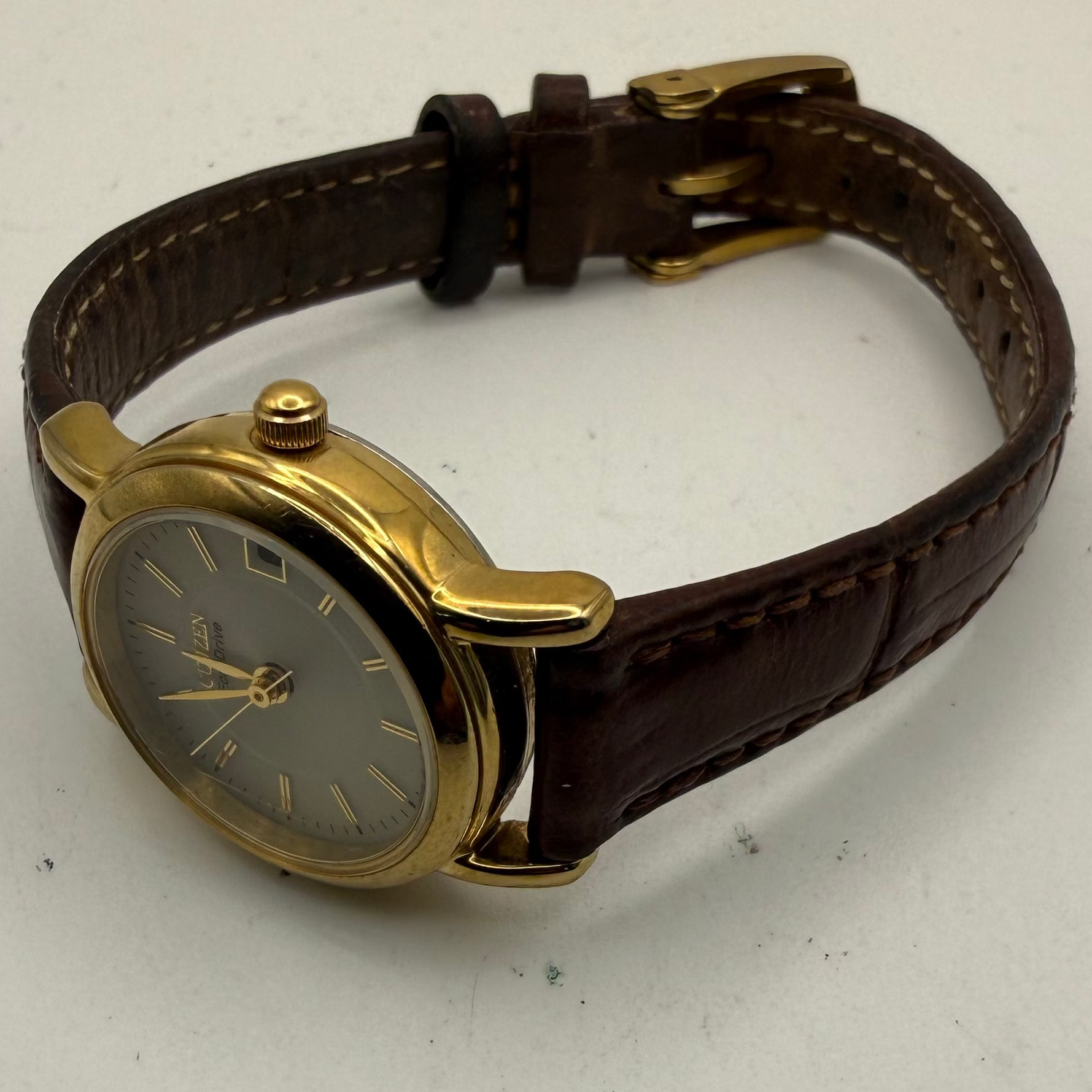 Citizen Eco-Drive Ladies Gold Tone Date Watch White Dial Leather Strap (Fully Tested and Working)- £40.00