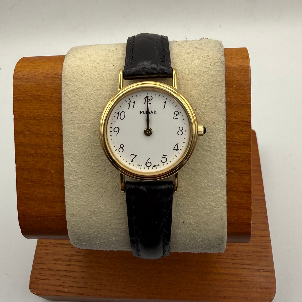 Pulsar Ladies Gold Tone Quartz Watch White Dial Black Leather Strap (Fully Tested and Working)- £25.00