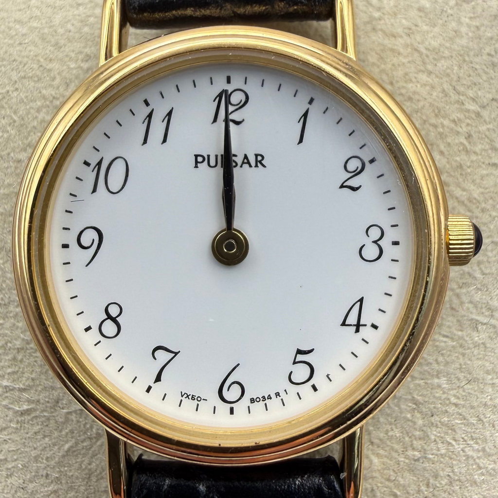 Pulsar Ladies Gold Tone Quartz Watch White Dial Black Leather Strap (Fully Tested and Working)- £25.00