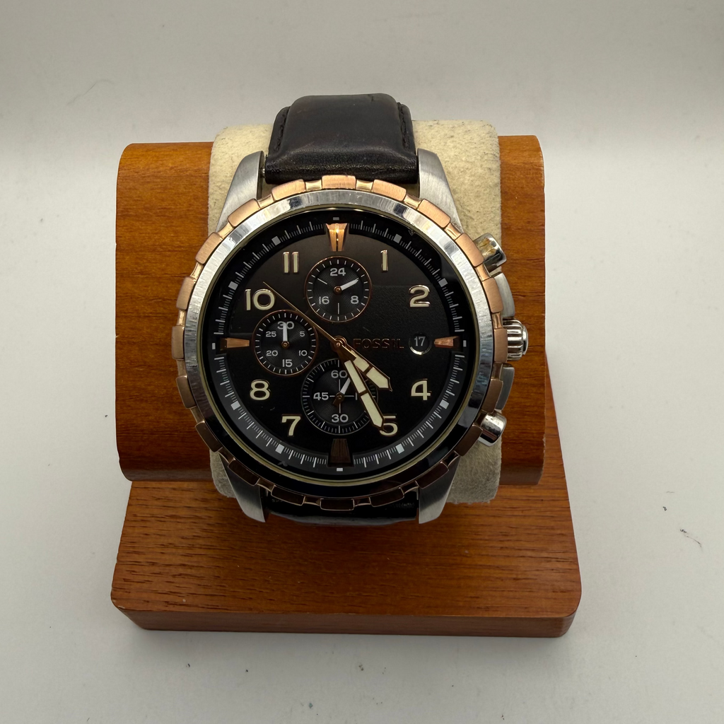 Fossil Chronograph Leather Strap Watch 48.5mm Black Dial Two-Tone – Pre Loved- £70.00