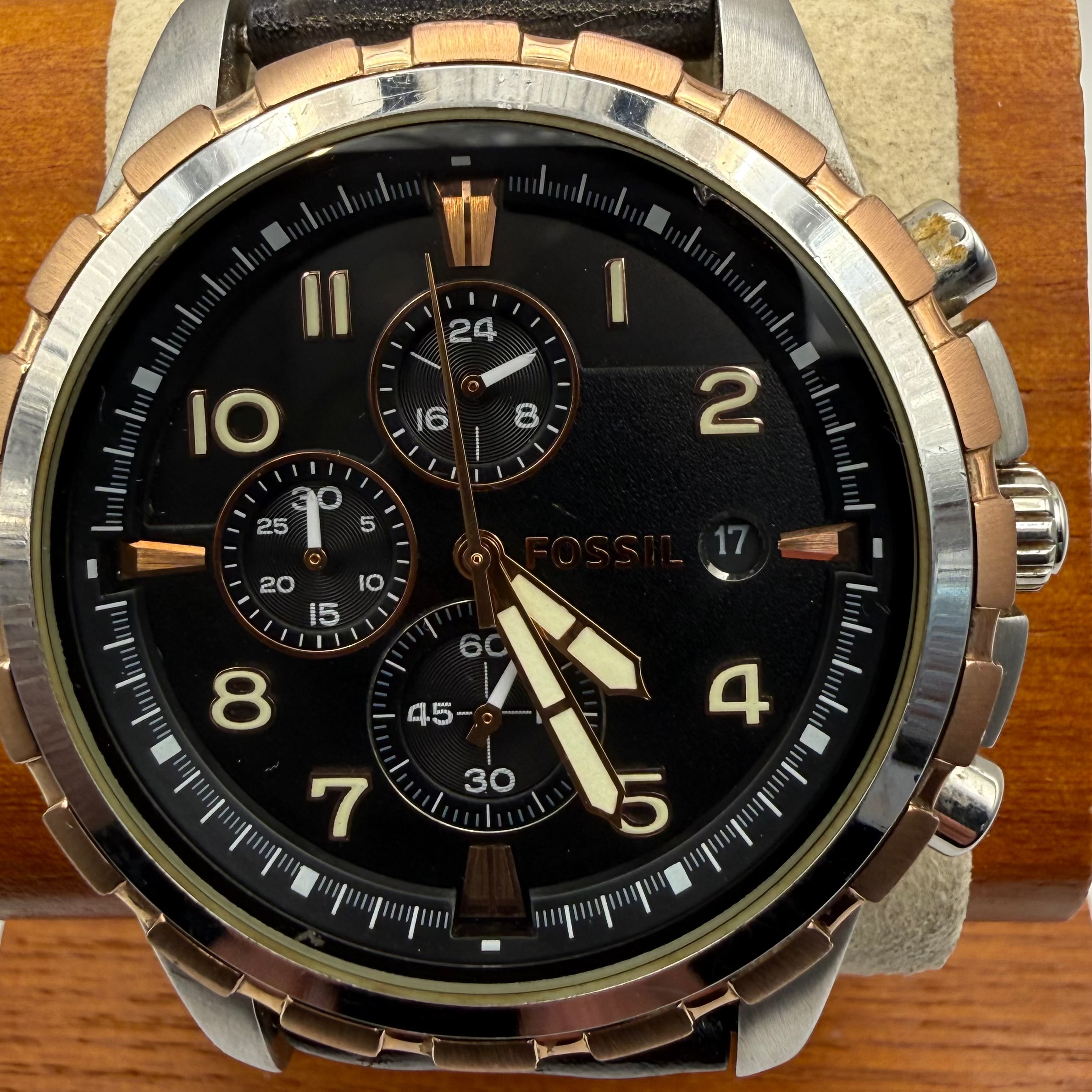 Fossil Chronograph Leather Strap Watch 48.5mm Black Dial Two-Tone – Pre Loved- £70.00