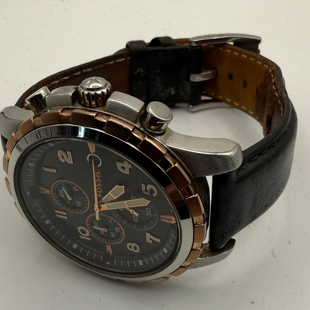 Fossil Chronograph Leather Strap Watch 48.5mm Black Dial Two-Tone – Pre Loved- £70.00