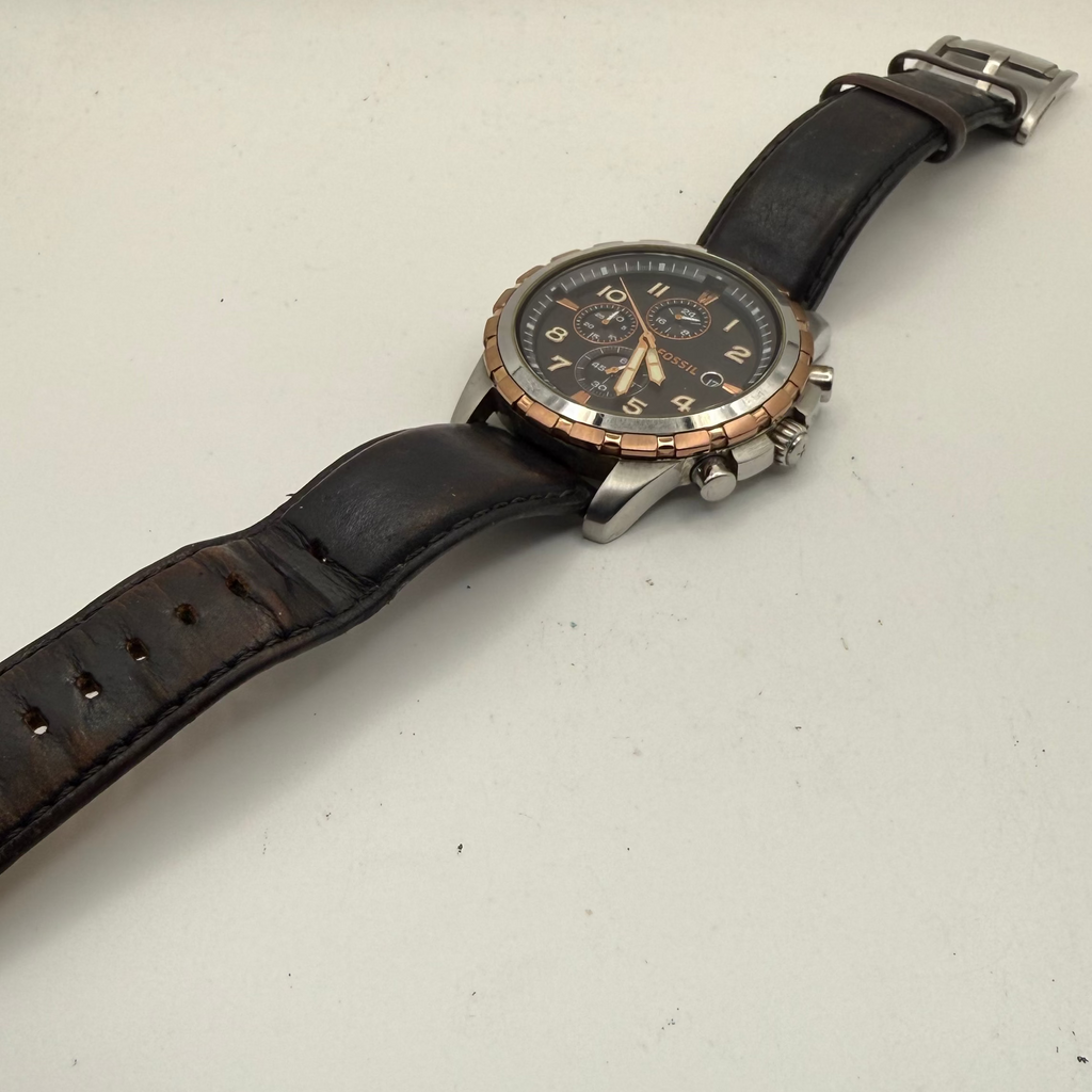 Fossil Chronograph Leather Strap Watch 48.5mm Black Dial Two-Tone – Pre Loved- £70.00