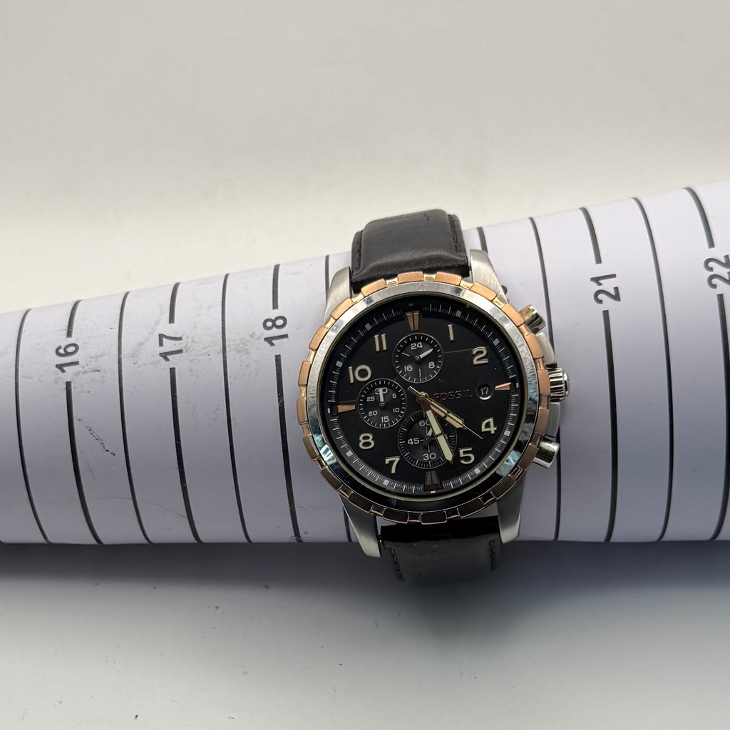 Fossil Chronograph Leather Strap Watch 48.5mm Black Dial Two-Tone – Pre Loved- £70.00