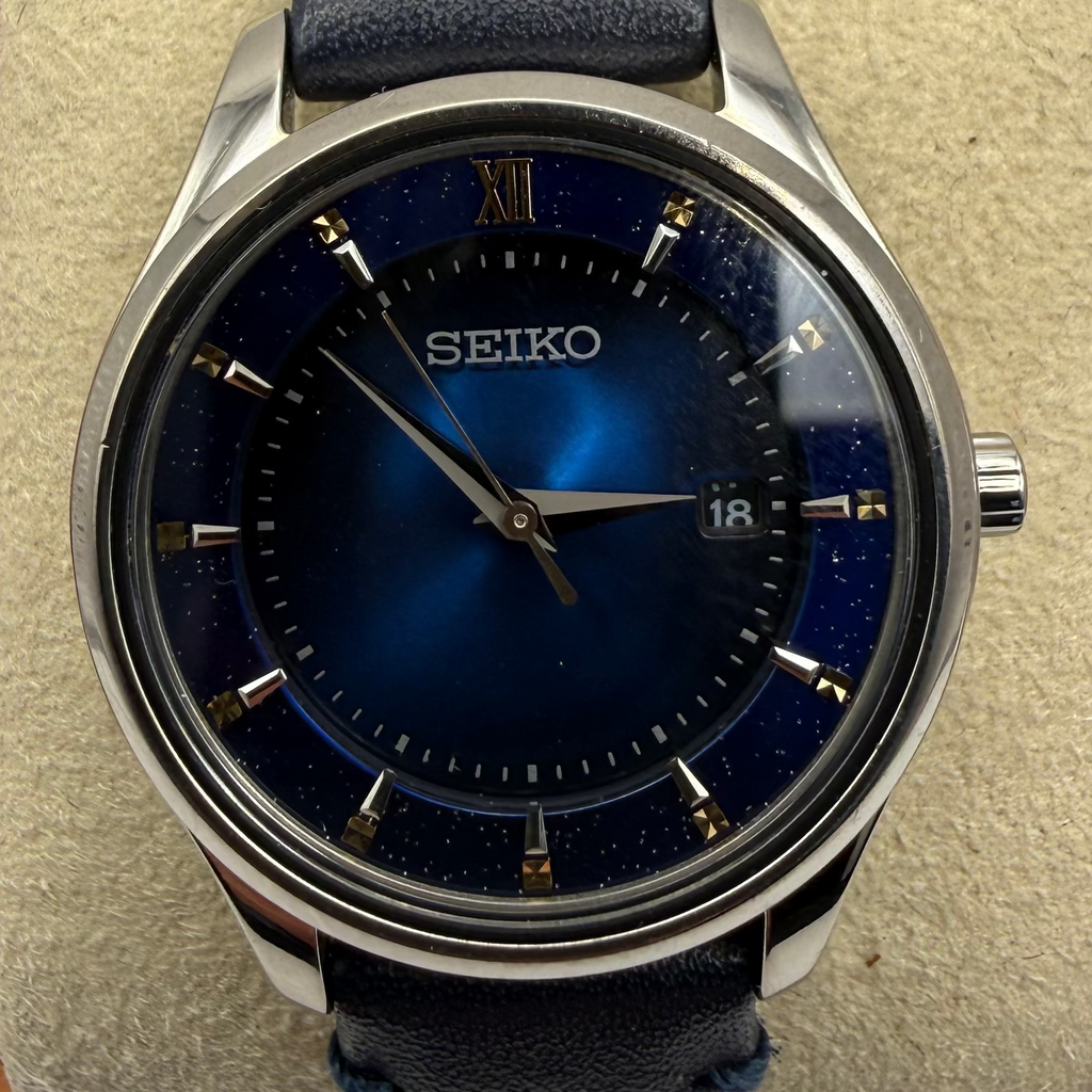 Seiko Limited Edition Blue Dial Solar Watch Date Steel Case Leather Strap (Fully Tested and Working)- £90.00