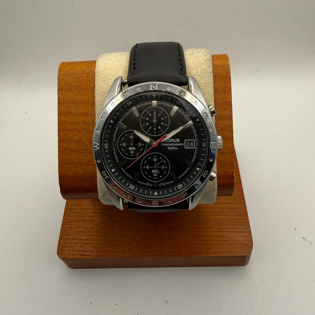 Lorus VD57-X016 Chronograph 100m Black Dial Watch Date New Leather Strap- £70.00
