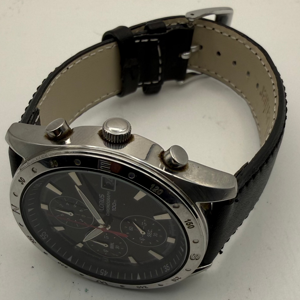 Lorus VD57-X016 Chronograph 100m Black Dial Watch Date New Leather Strap- £70.00