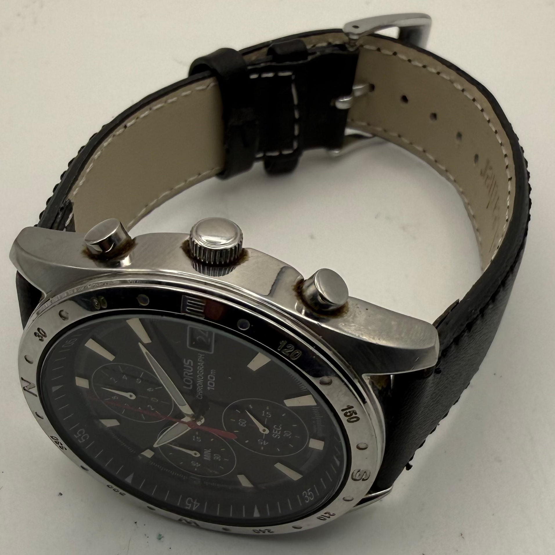 Lorus VD57-X016 Chronograph 100m Black Dial Watch Date New Leather Strap- £70.00