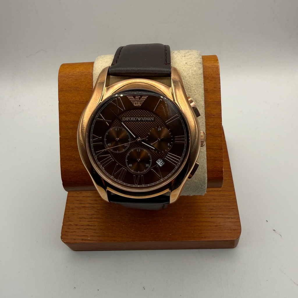 Emporio Armani AR-1701 Chronograph Rose Gold Brown Dial 47mm Leather Watch + Box- £90.00