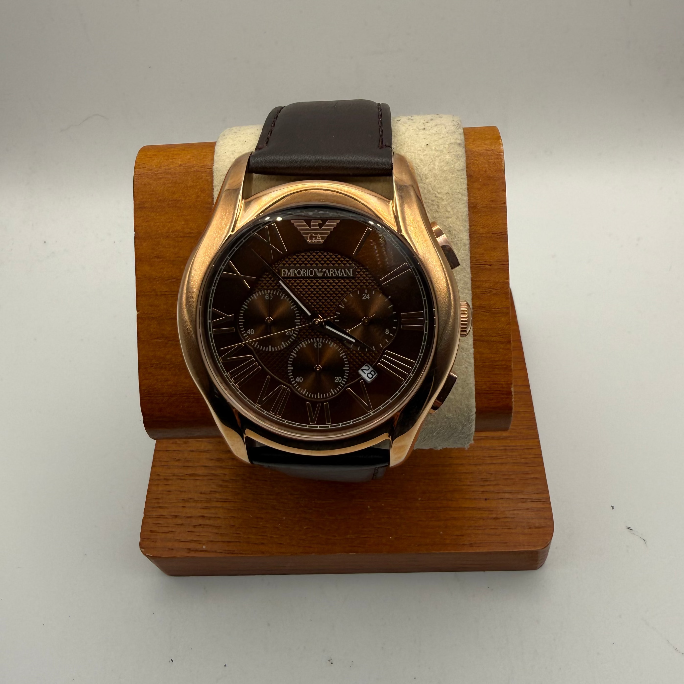 Emporio Armani AR-1701 Chronograph Rose Gold Brown Dial 47mm Leather Watch + Box- £90.00