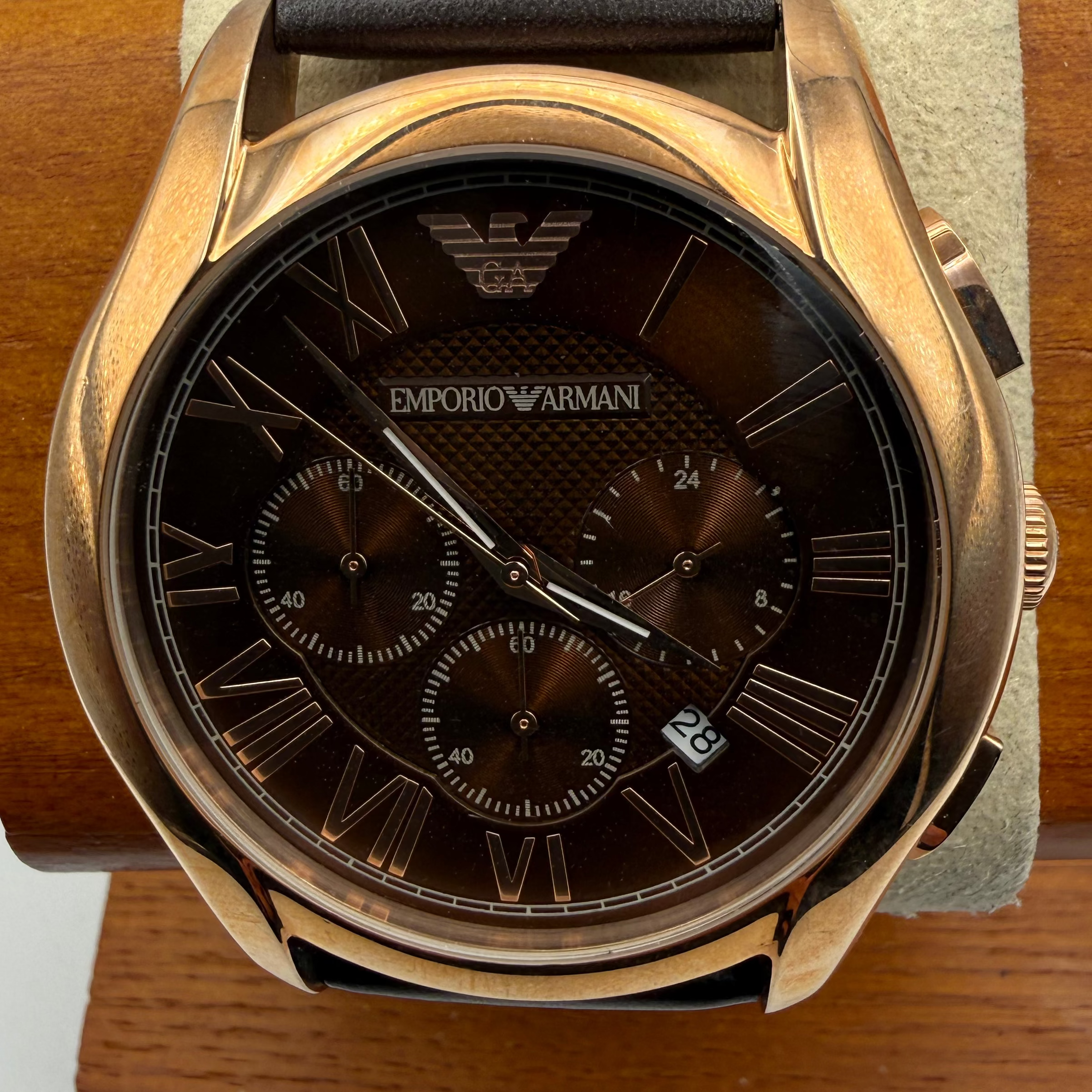 Emporio Armani AR-1701 Chronograph Rose Gold Brown Dial 47mm Leather Watch + Box- £90.00