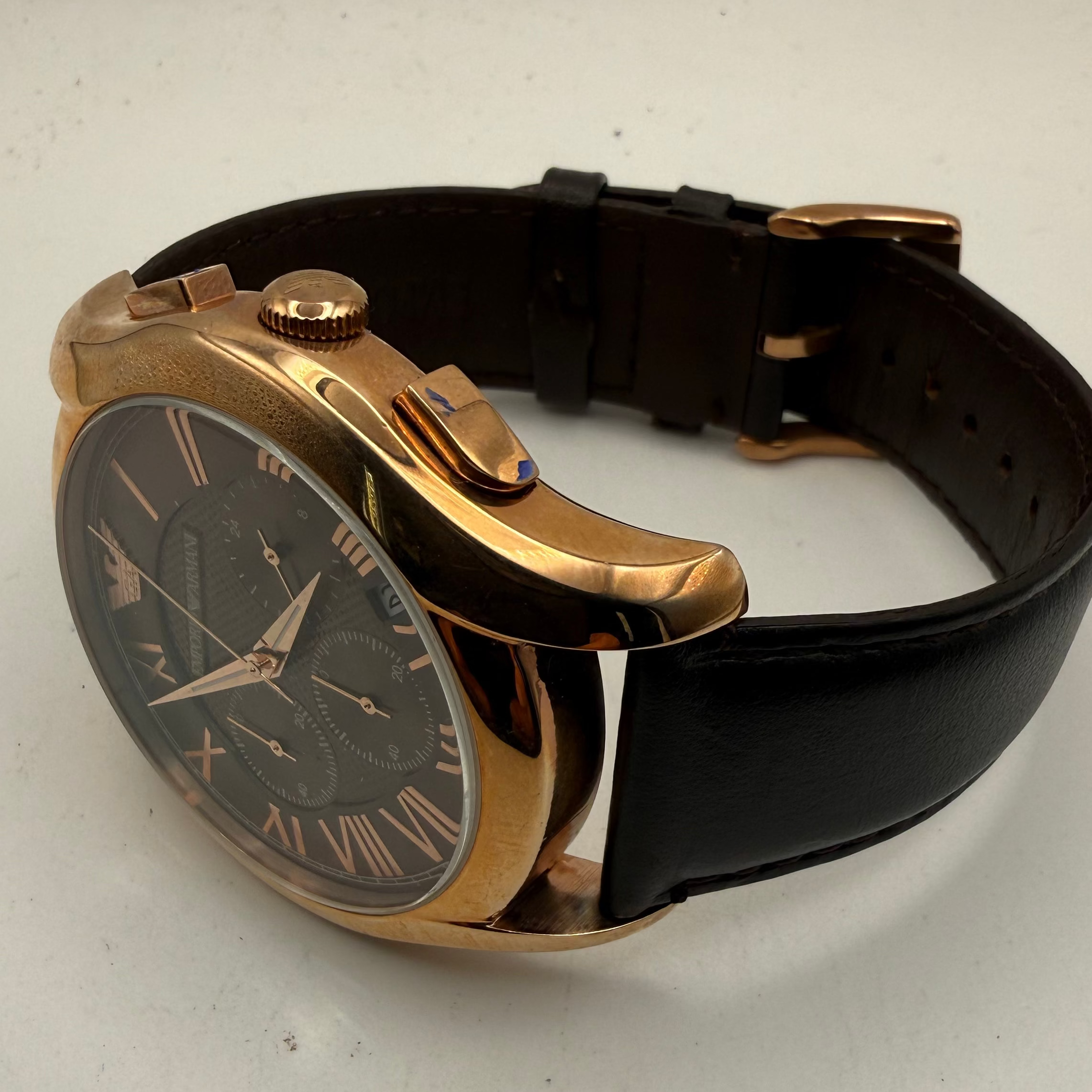Emporio Armani AR-1701 Chronograph Rose Gold Brown Dial 47mm Leather Watch + Box- £90.00