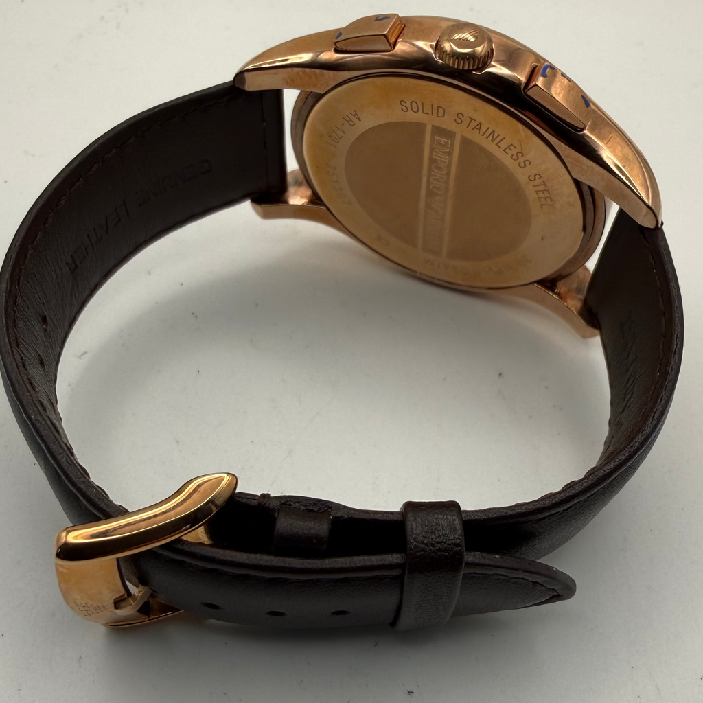 Emporio Armani AR-1701 Chronograph Rose Gold Brown Dial 47mm Leather Watch + Box- £90.00
