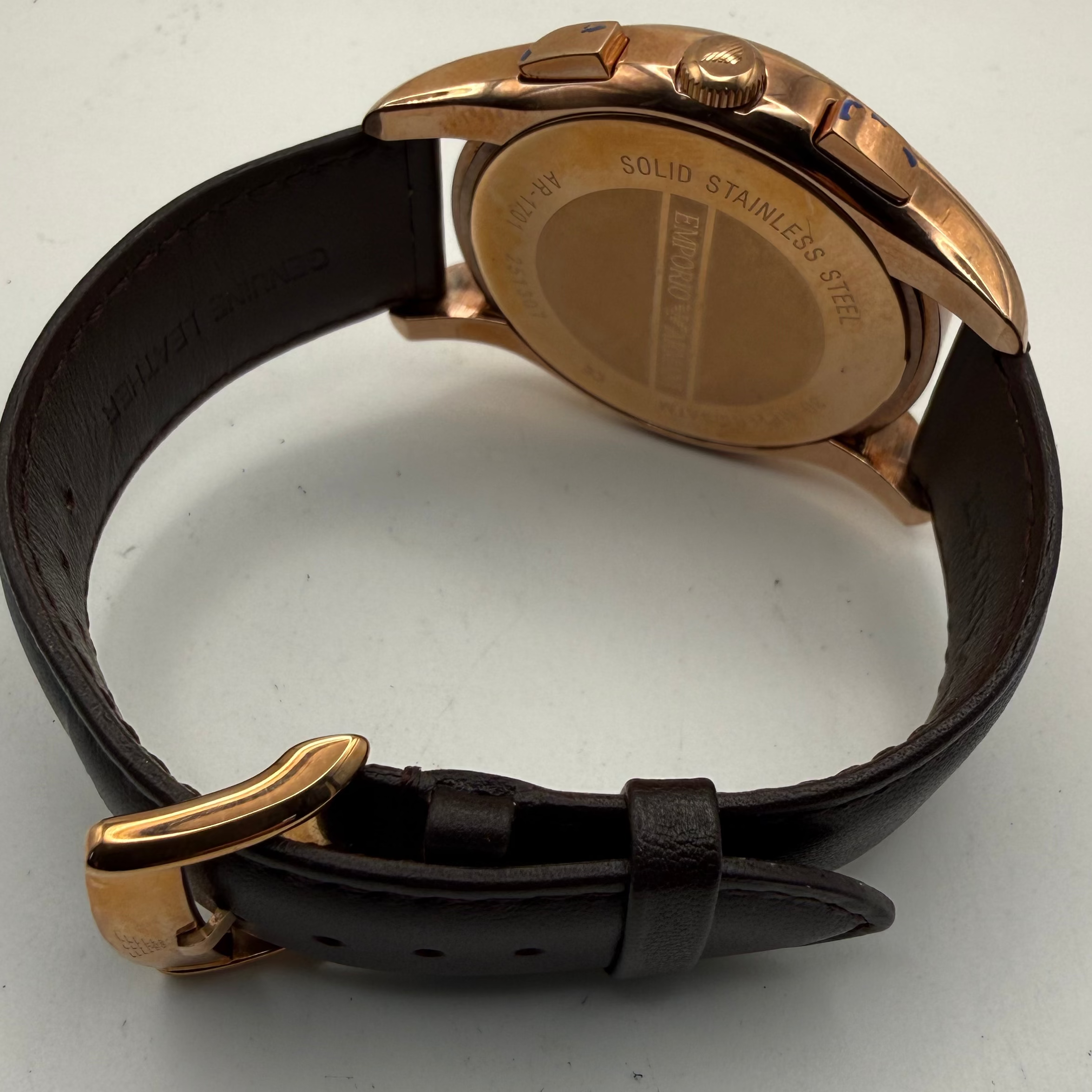 Emporio Armani AR-1701 Chronograph Rose Gold Brown Dial 47mm Leather Watch + Box- £90.00