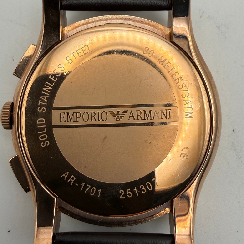 Emporio Armani AR-1701 Chronograph Rose Gold Brown Dial 47mm Leather Watch + Box- £90.00