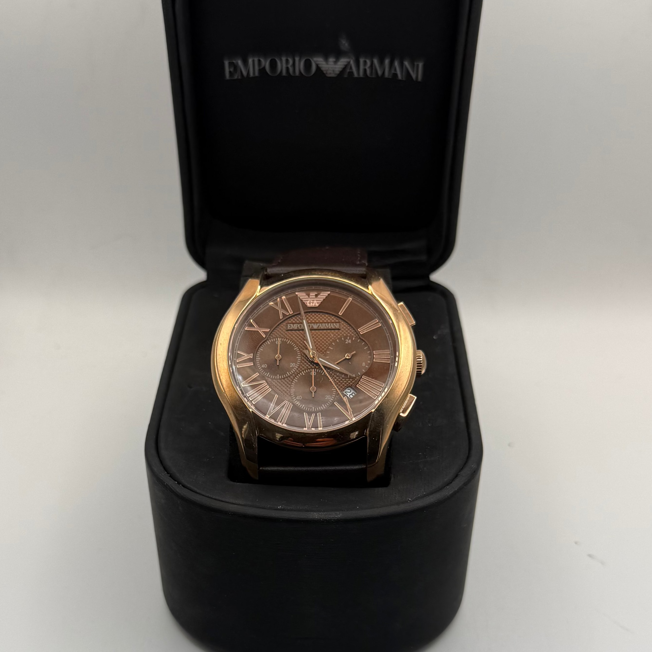 Emporio Armani AR-1701 Chronograph Rose Gold Brown Dial 47mm Leather Watch + Box- £90.00