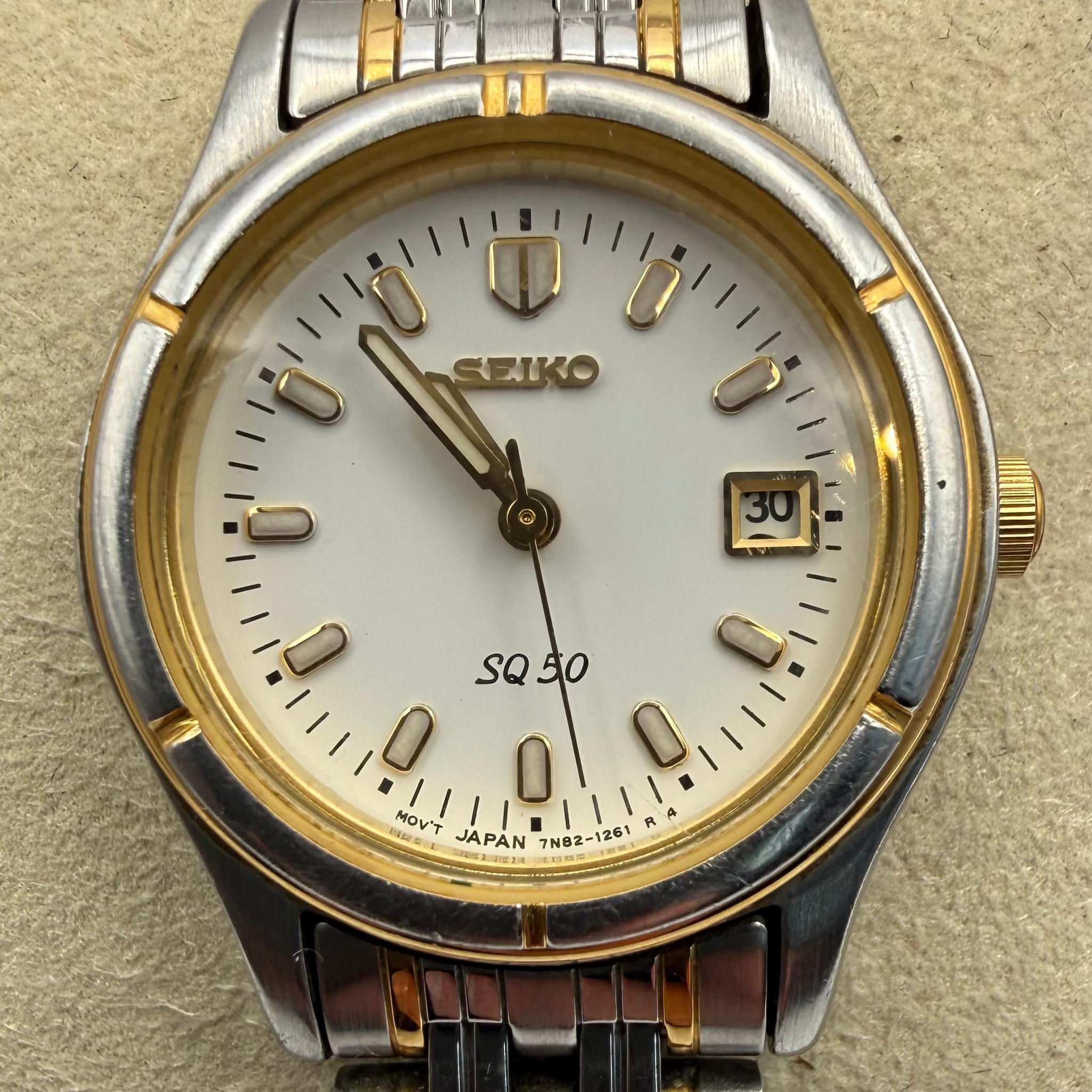 Seiko SQ50 Two Tone Ladies Bracelet Watch Date 27.5mm 15cm FULLY TESTED AND WORKING- £75.00