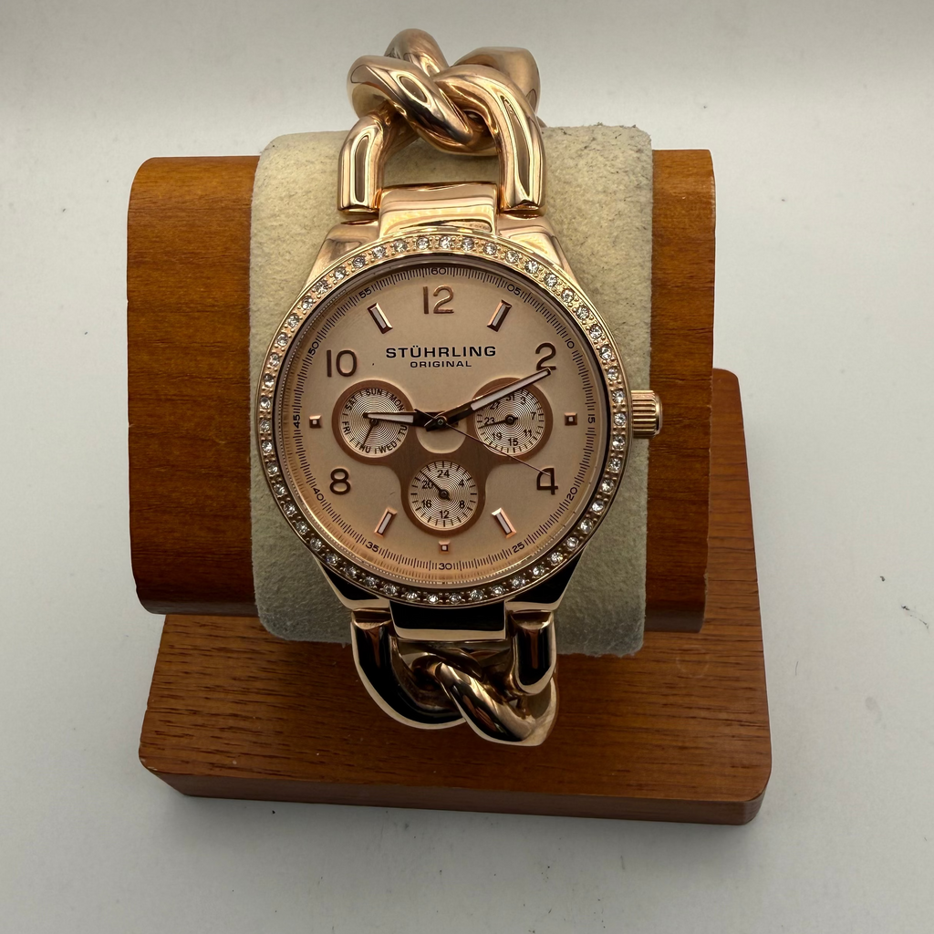 Stuhrling Original Ladies Rose Gold Crystal Set Chain Bracelet Watch – Full Set- £70.00