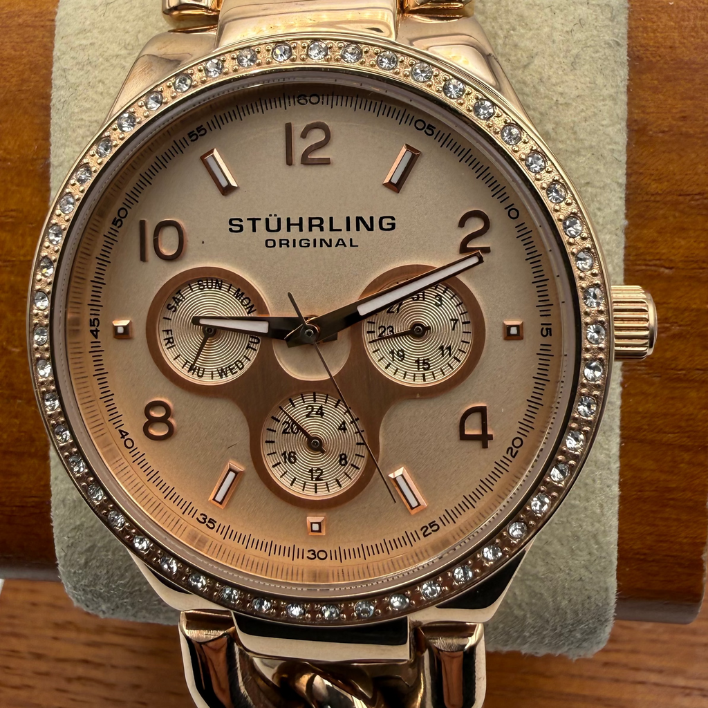 Stuhrling Original Ladies Rose Gold Crystal Set Chain Bracelet Watch – Full Set- £70.00