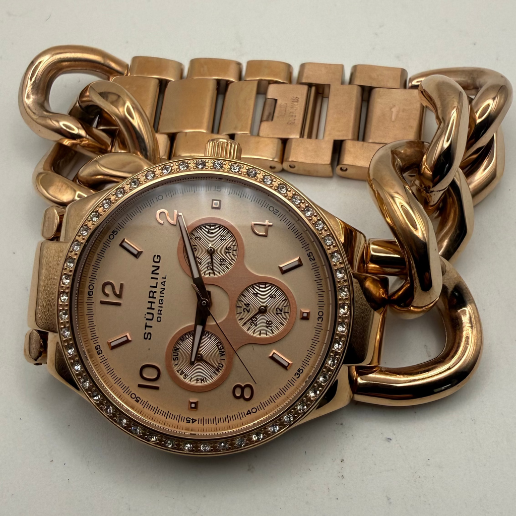 Stuhrling Original Ladies Rose Gold Crystal Set Chain Bracelet Watch – Full Set- £70.00