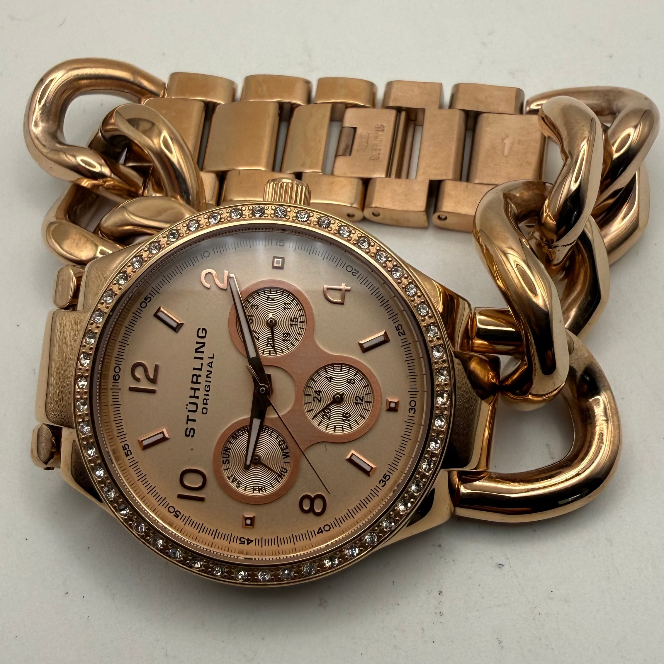 Stuhrling Original Ladies Rose Gold Crystal Set Chain Bracelet Watch – Full Set- £70.00