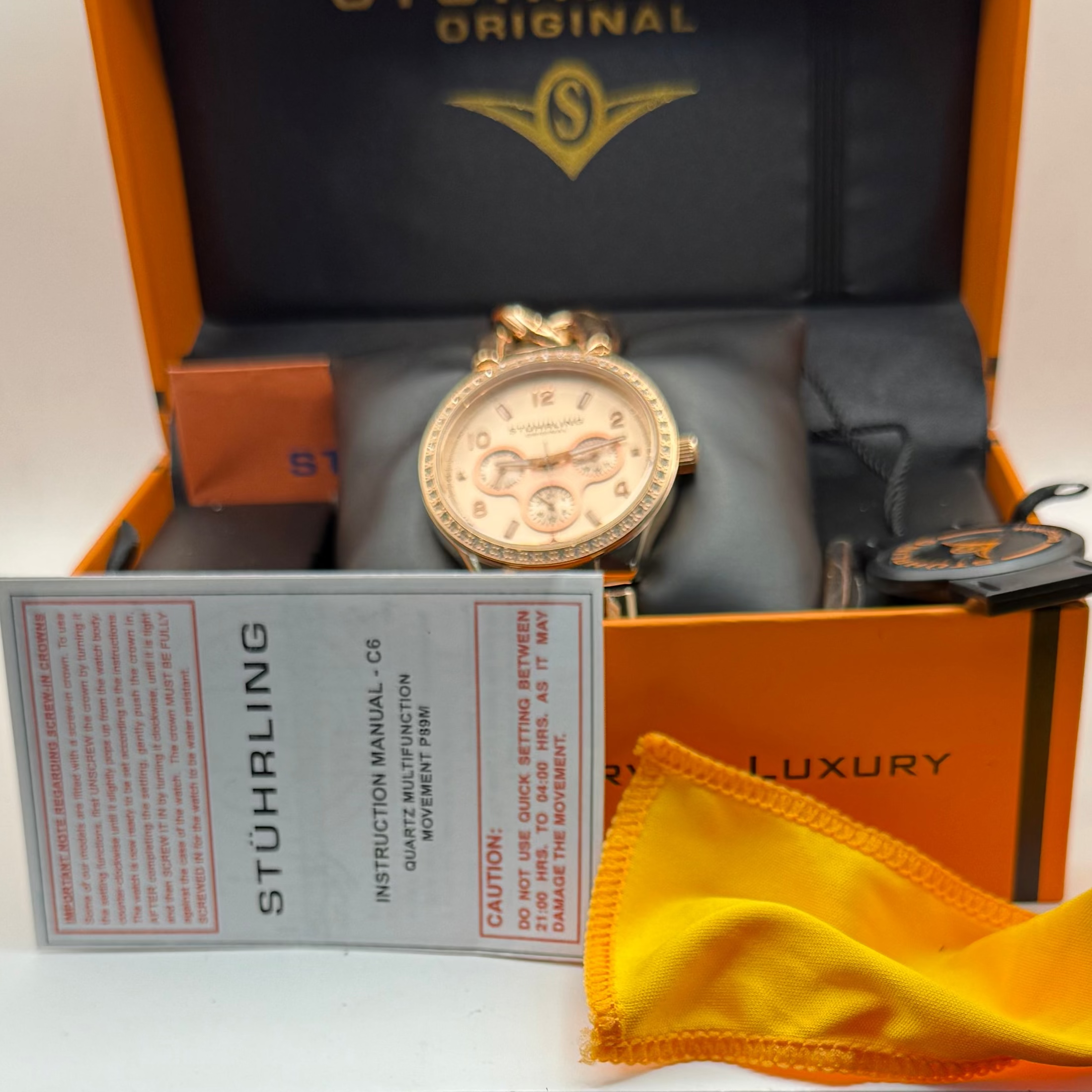 Stuhrling Original Ladies Rose Gold Crystal Set Chain Bracelet Watch – Full Set- £70.00