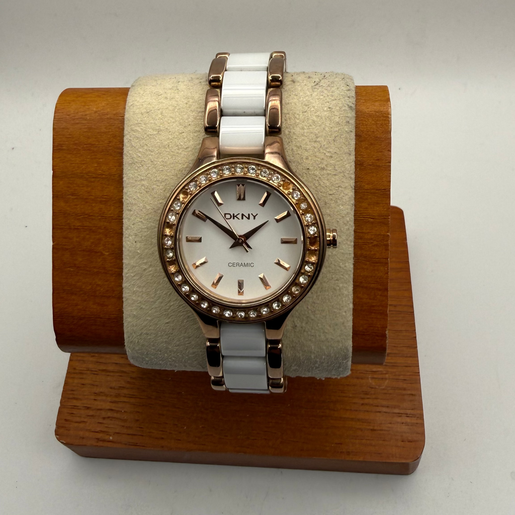DKNY Ceramic Rose Gold & White Crystal Ladies Watch- £40.00