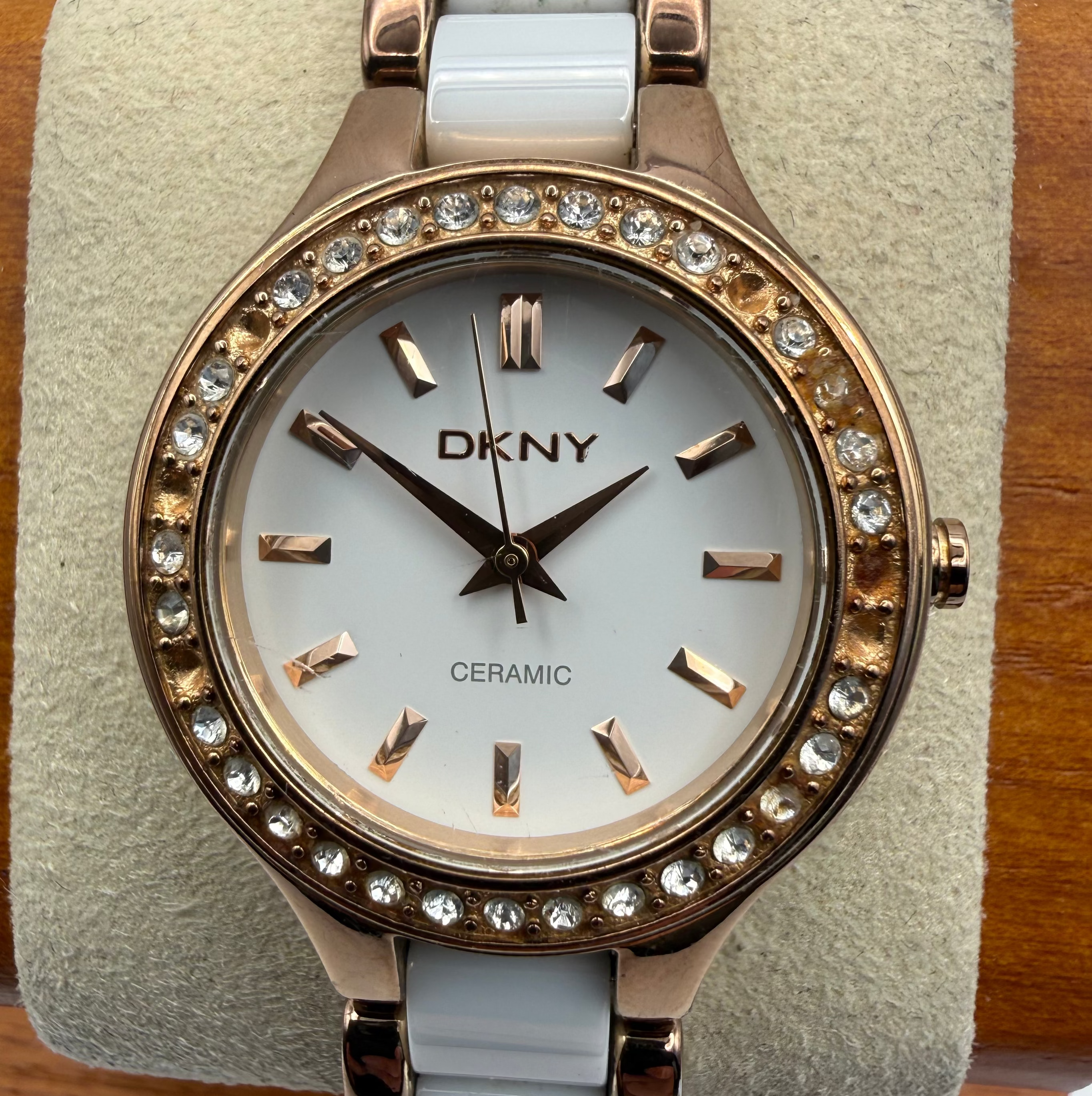 DKNY Ceramic Rose Gold & White Crystal Ladies Watch- £40.00