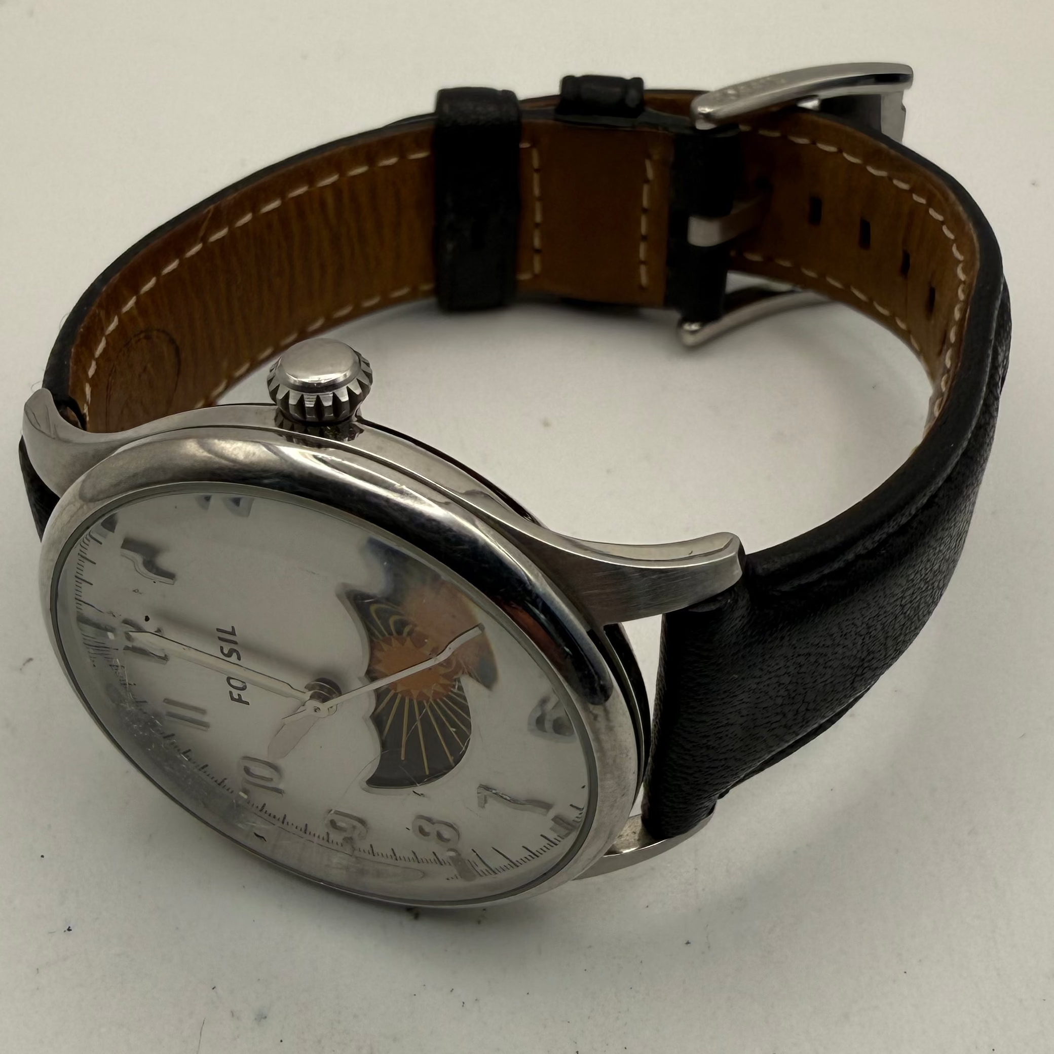 Fossil Sun & Moon Dial Quartz Watch 41mm Black Leather Strap- £40.00
