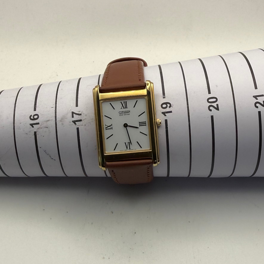 Citizen Eco-Drive Rectangular Gold-Tone Dress Watch – Classic Roman Dial | Leather Strap- £39.99