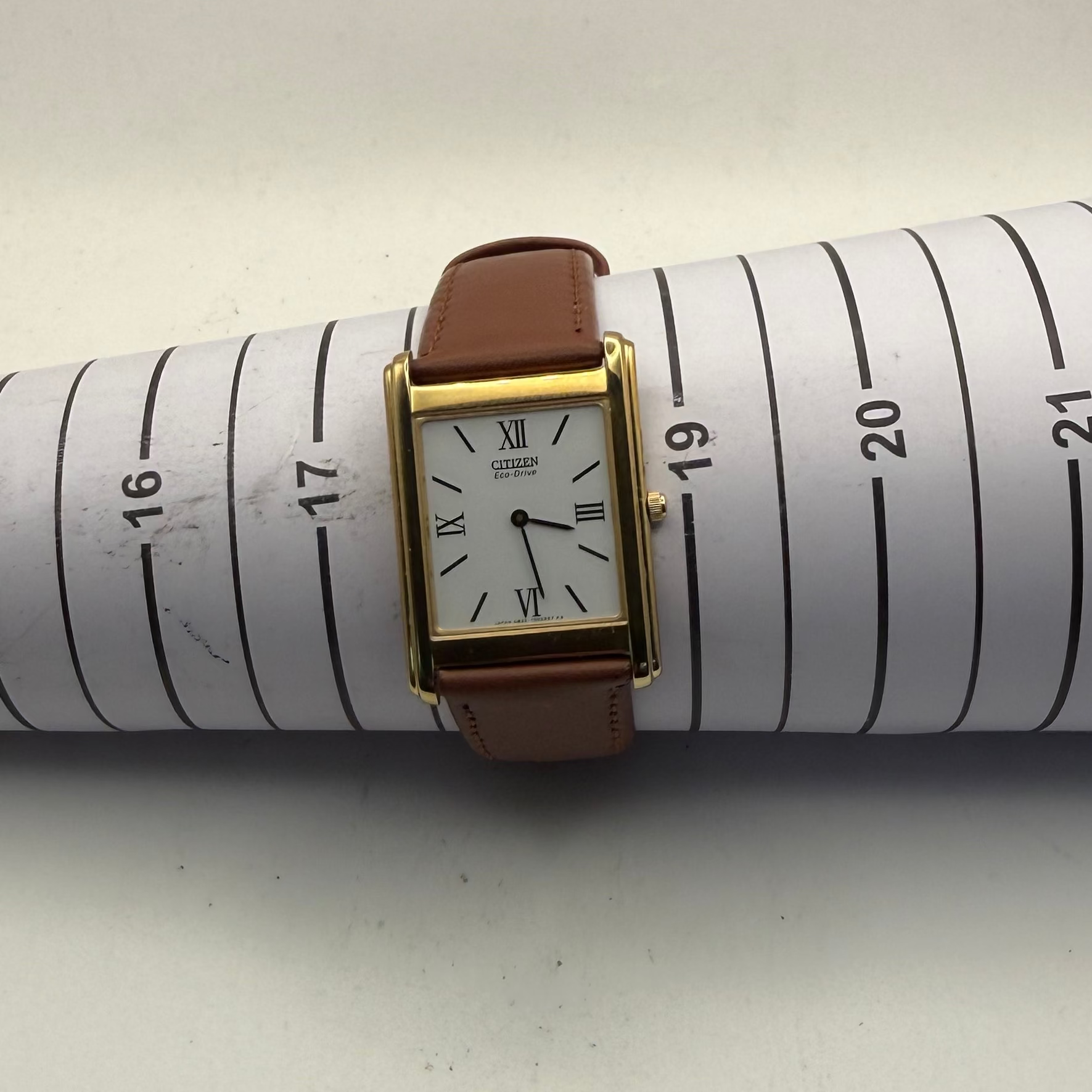 Citizen Eco-Drive Rectangular Gold-Tone Dress Watch – Classic Roman Dial | Leather Strap- £39.99