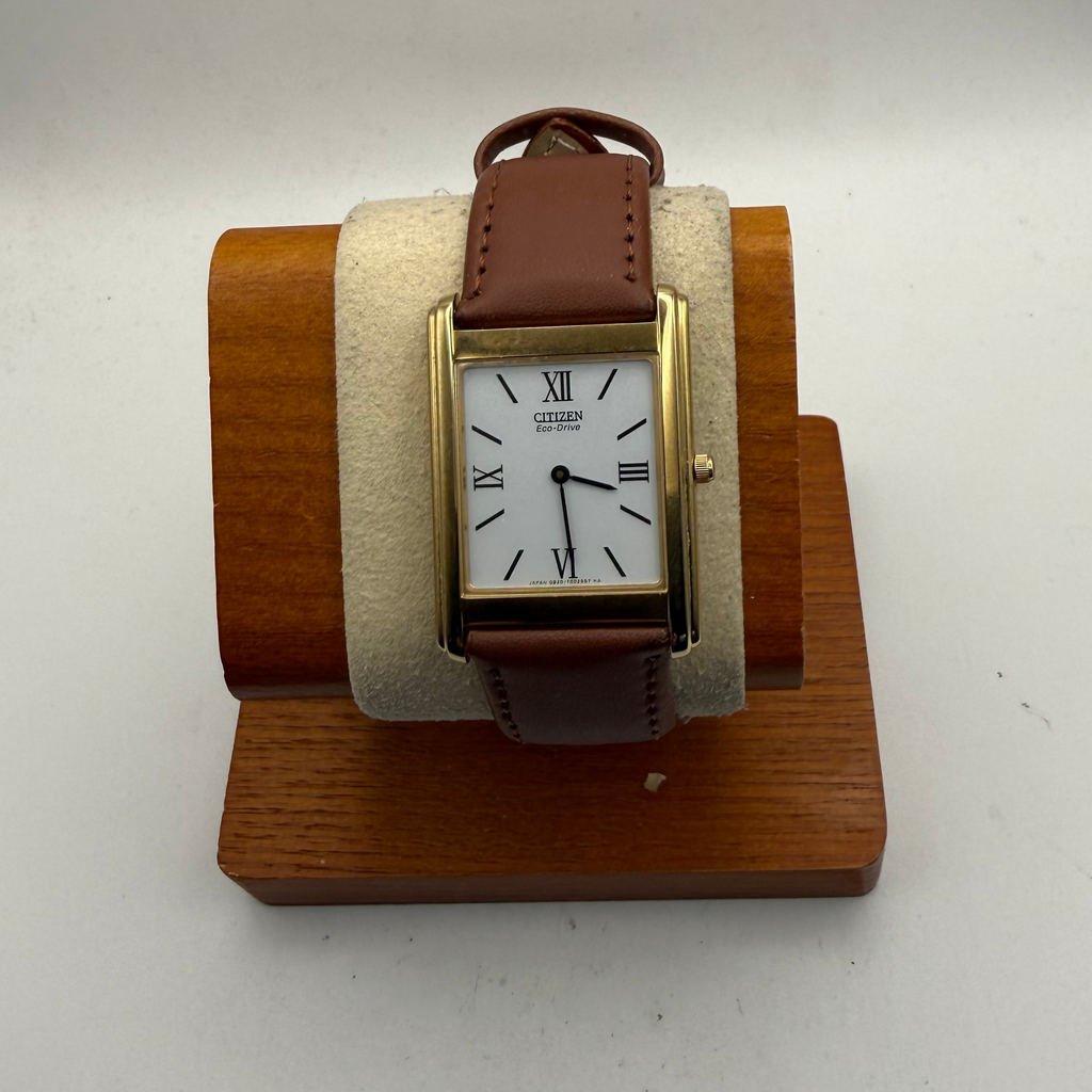 Citizen Eco-Drive Rectangular Gold-Tone Dress Watch – Classic Roman Dial | Leather Strap- £39.99