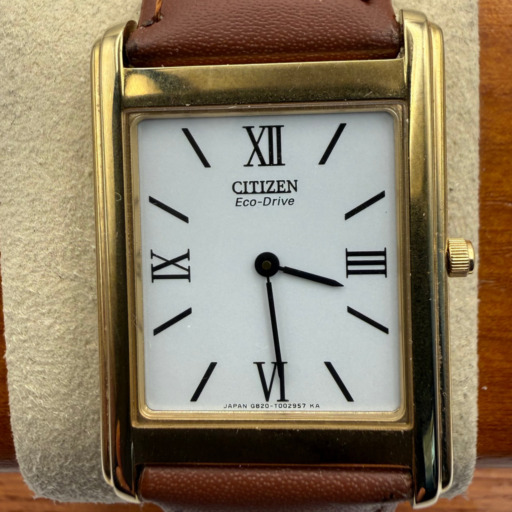 Citizen Eco-Drive Rectangular Gold-Tone Dress Watch – Classic Roman Dial | Leather Strap- £39.99
