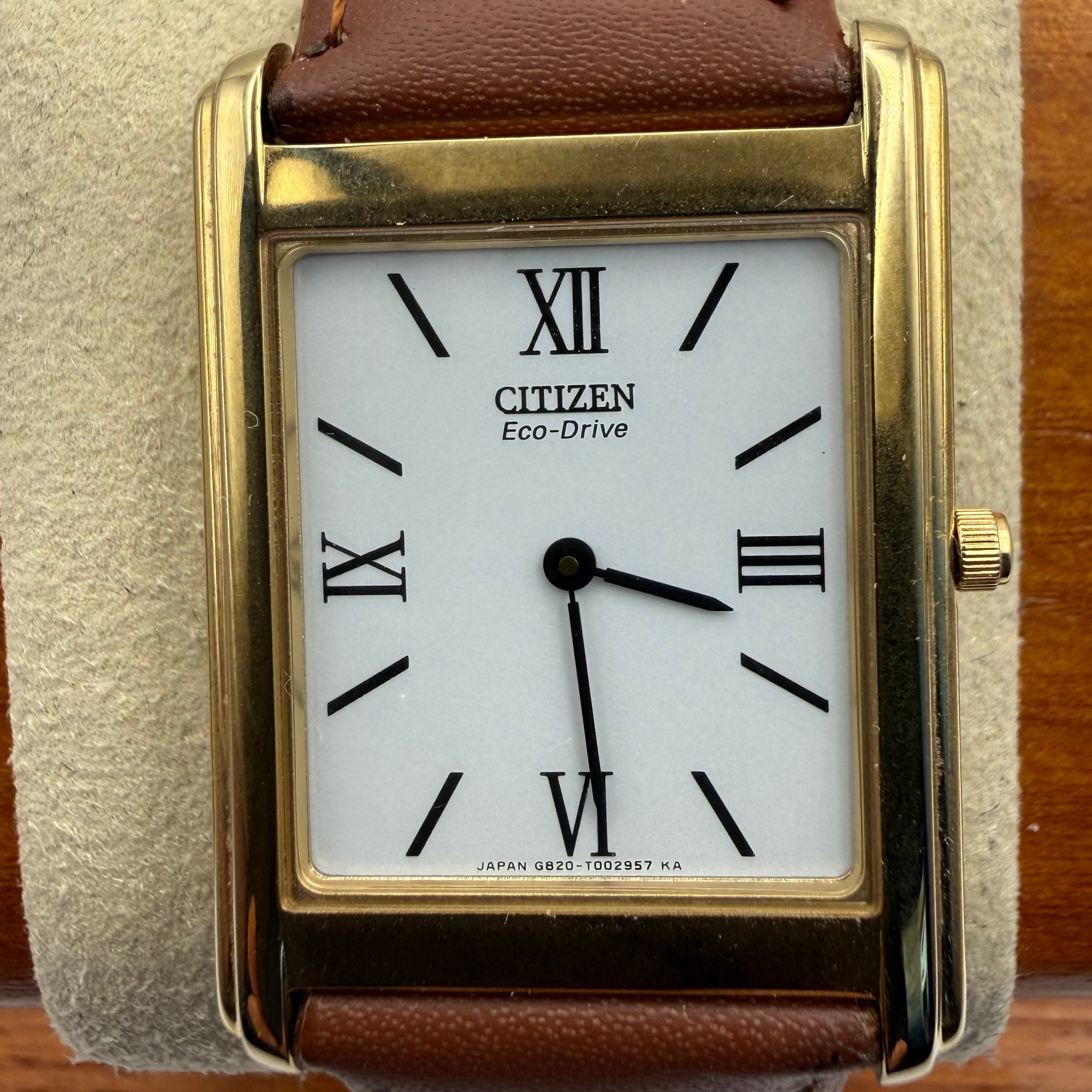 Citizen Eco-Drive Rectangular Gold-Tone Dress Watch – Classic Roman Dial | Leather Strap- £39.99
