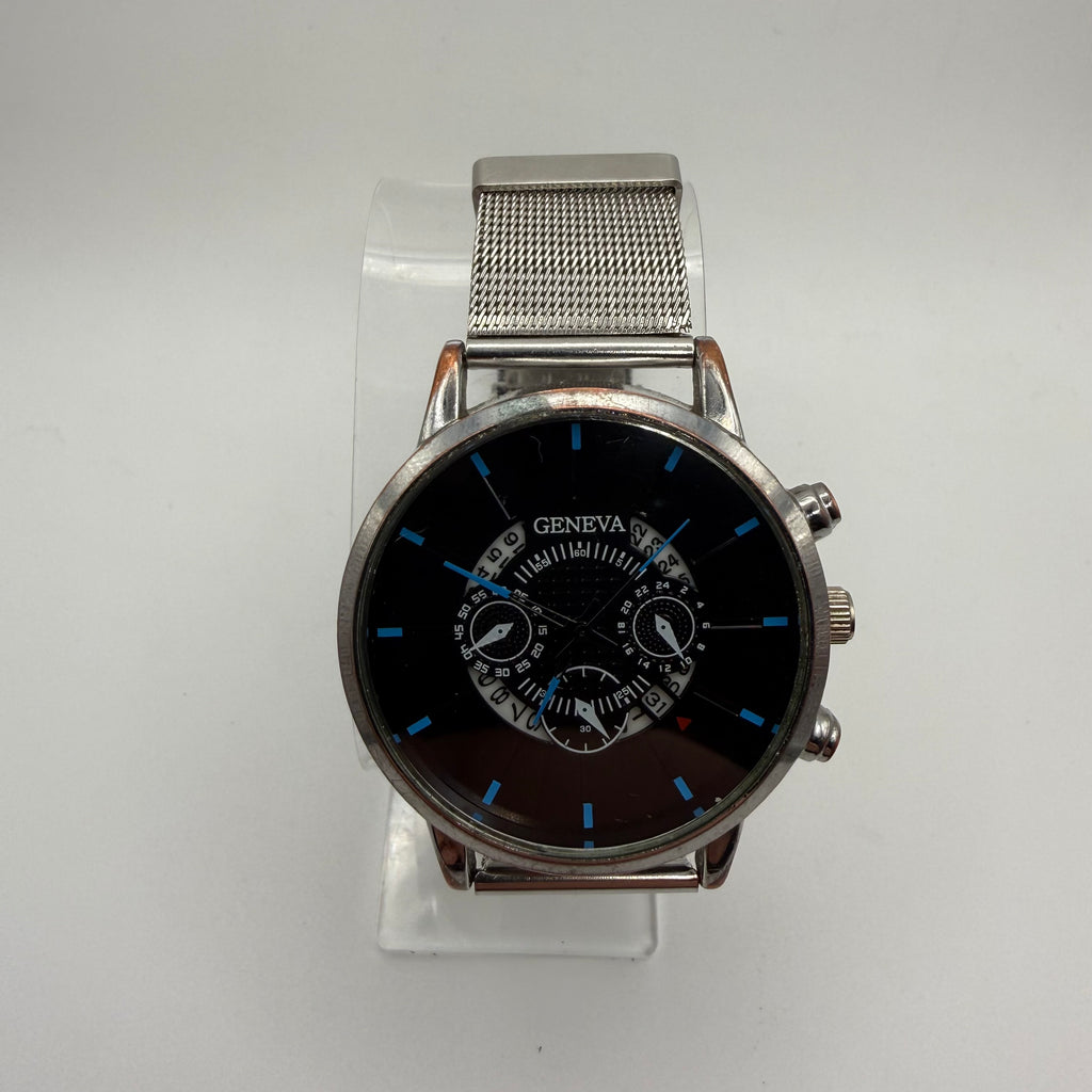 GENEVA Fashion Quartz Watch Black Dial Blue Markers Mesh Bracelet 44.5mm (Fully Tested and Working)- £7.00