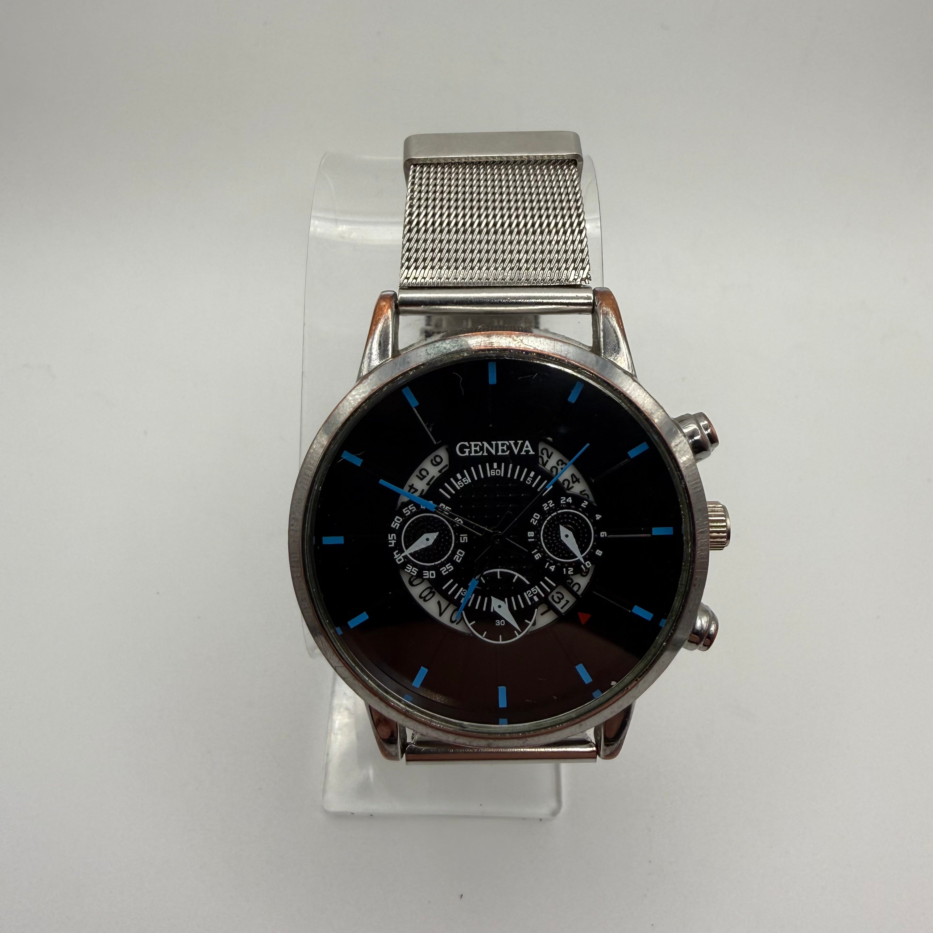 GENEVA Fashion Quartz Watch Black Dial Blue Markers Mesh Bracelet 44.5mm (Fully Tested and Working)- £7.00
