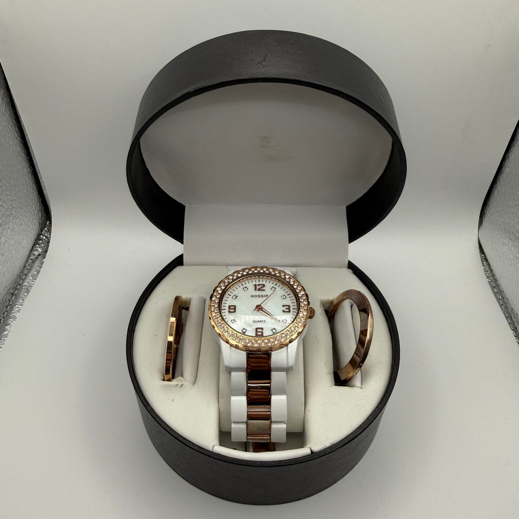 Gossip Quartz Ladies Watch Set (White &amp; Rose Gold) – Boxed with Changeable Bezels- £19.99