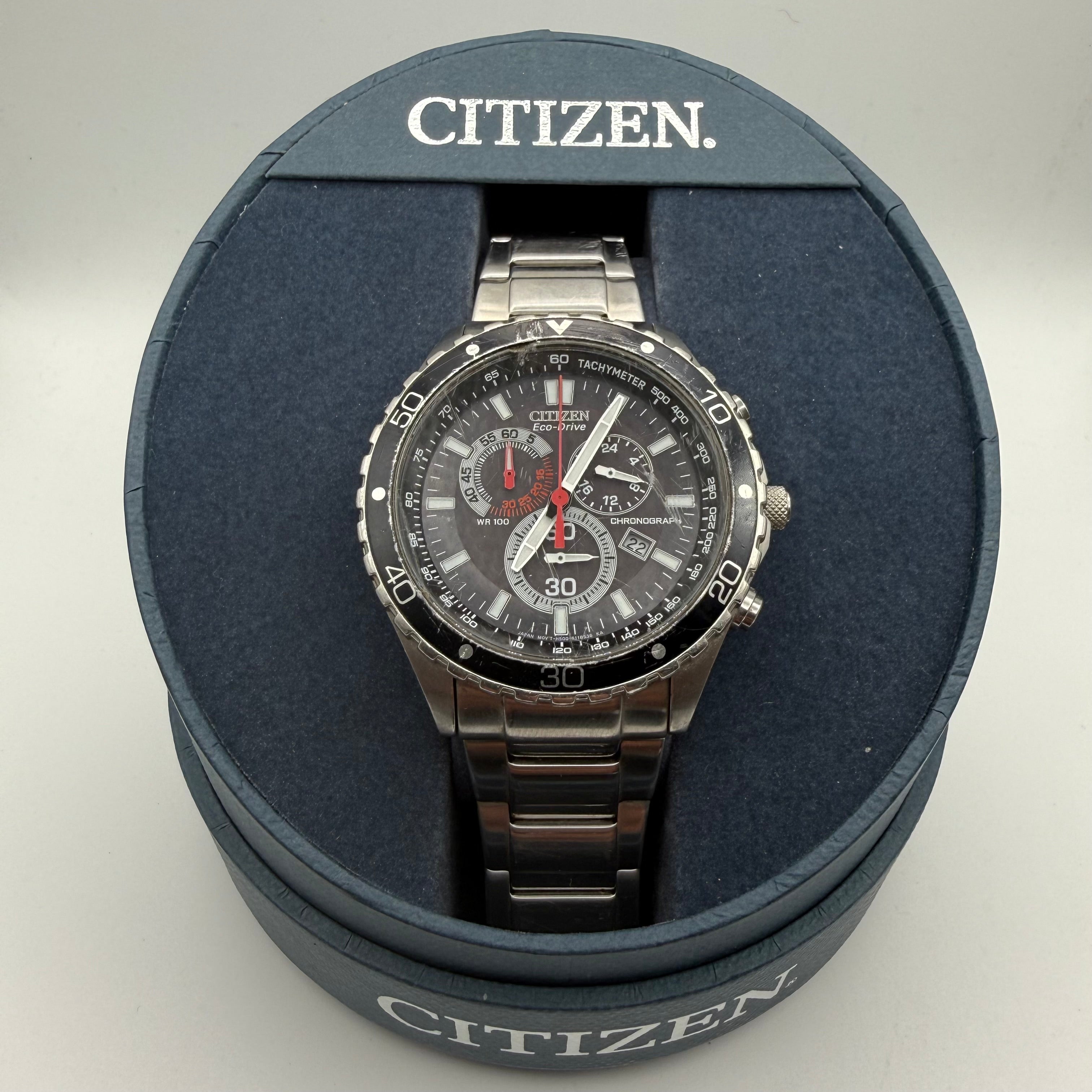 Citizen Eco-Drive Chronograph WR100 (H500-S081629) – Black Dial- £109.99